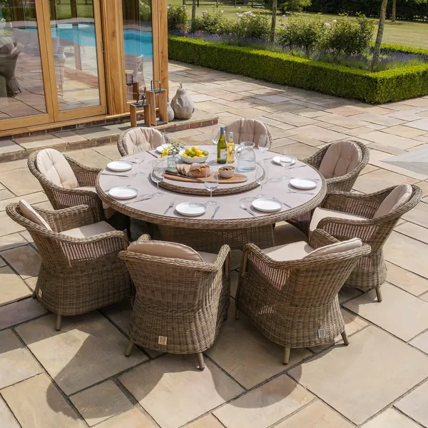Oak Garden Land - Winchester 8 Seat Round Dining Set with Heritage Dining Chairs & Woven Lazy Susan - Ceramic Glass