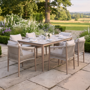 Oak Garden Land - Havana Rope Weave 6 Rectangular Dining Set - Ceramic Glass