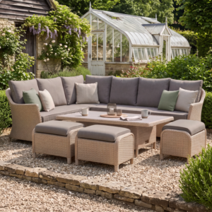 Oak Garden Land - Turin Large Rattan Corner Dining Set with Rectangular Rising Table & Footstools - Natural