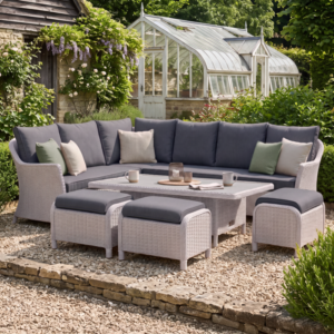 Oak Garden Land - Turin Large Rattan Corner Dining Set with Rectangular Rising Table & Footstools - Light Grey