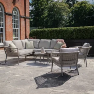 Oak Garden Land - Monaco Rope Weave Small Corner with Pair of Round Coffee Tables & 2 Armchairs - Cool Linen