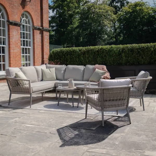 Oak Garden Land - Monaco Rope Weave Small Corner with Pair of Round Coffee Tables & 2 Armchairs - Cool Linen