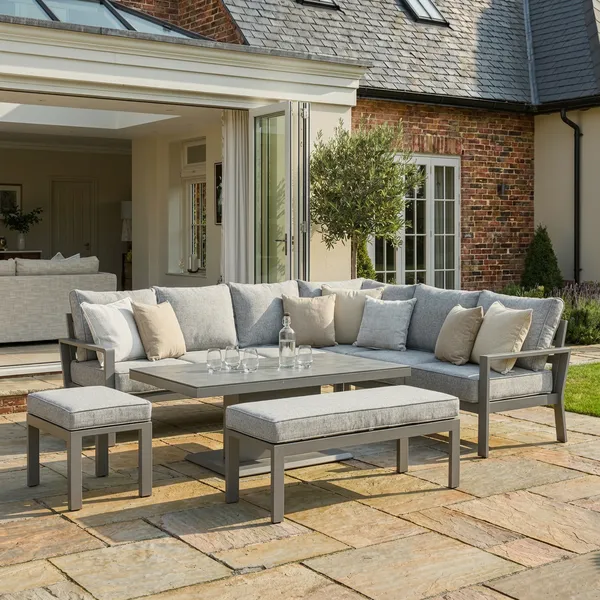 Oak Garden Land - Montreal Aluminium Large Garden Corner Dining Set with Rectangular Rising Table, Footstool & Bench - Cool Linen