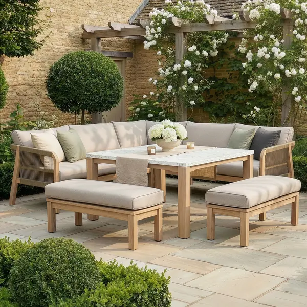 Oak Garden Land - Antigua Rope Weave Square Corner Dining Sofa Set with Footstools - Terrazzo