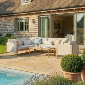 Oak Garden Land - Burford Large Aluminium Corner Sofa Set with Rectangular Coffee Table & Armchair - Almond