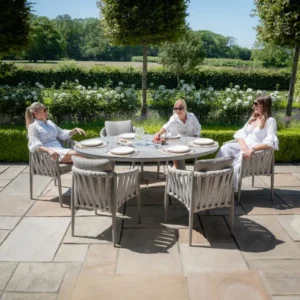 Oak Garden Land - Milan Rope Weave 6 Seat Oval Dining Set with Lazy Susan - Cool Linen