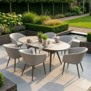 Oak Garden Land - Outdoor Fabric Ambition 6 Seat Oval Dining Set - Latte