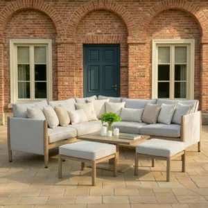 Oak Garden Land - Burford Small Aluminium Corner Dining Set with Square Rising Table - Almond