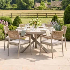 Oak Garden Land - Cambridge Rattan Rope 6 Seat Round Sintered Stone Dining Set