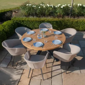 Oak Garden Land - Jakarta Teak Round Dining Table with 6 Ambition Oatmeal Dining Chairs
