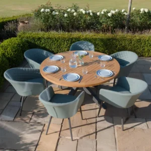 Oak Garden Land - Jakarta Teak Round Dining Table with 6 Ambition Sage Green Dining Chairs