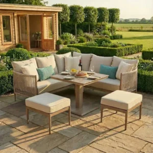 Oak Garden Land - Havana Rope Weave Small Corner Dining Set with Square Rising Table & Footstools
