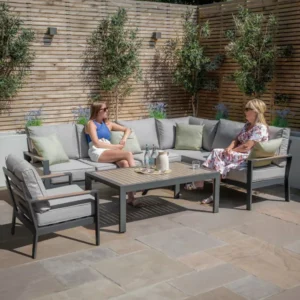 Oak Garden Land - Vancouver Large Aluminium Corner Dining Set with Rectangular Coffee Table & Armchair - Dove Grey