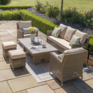Oak Garden Land - Winchester Sofa Rattan Dining Set with Ice Bucket & Rising Table - Ceramic Glass
