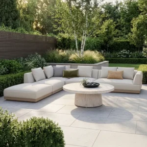 Oak Garden Land - Outdoor Fabric Lyon Left-Handed Large Corner Sofa Set with Round Table - Pebble