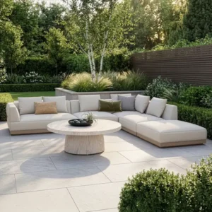 Oak Garden Land - Outdoor Fabric Lyon Large Corner Sofa Set with Round Table - Pebble