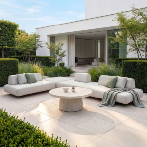 Oak Garden Land - Outdoor Fabric Cannes Large Corner Sofa Set with Round Marble Effect Coffee Table - Pebble