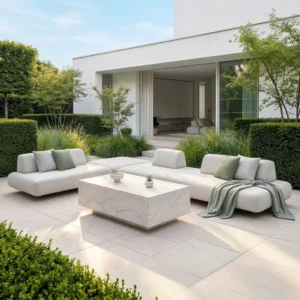 Oak Garden Land - Outdoor Fabric Cannes Large Corner Sofa Set with Rectangular Marble Effect Coffee Table - Pebble