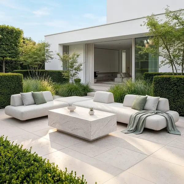 Oak Garden Land - Outdoor Fabric Cannes Large Corner Sofa Set with Rectangular Marble Effect Coffee Table - Pebble