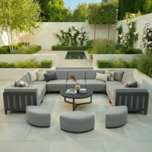 Oak Garden Land - Outdoor Fabric Ibiza U Shape Sofa Set with Round Coffee Table & 3 Footstools - Zinc Grey