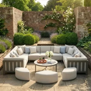 Oak Garden Land - Outdoor Fabric Ibiza U Shape Sofa Set with Round Coffee Table & 3 Footstools - Latte
