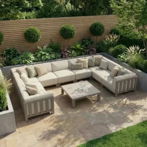 Oak Garden Land - Outdoor Fabric Ibiza U Shape Sofa Set with Square Coffee Table - Latte
