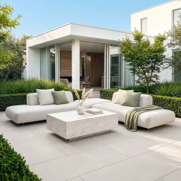 Oak Garden Land - Outdoor Fabric Cannes Medium Corner Sofa Set with Rectangular Marble Effect Coffee Table - Pebble