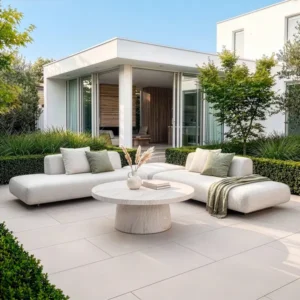 Oak Garden Land - Outdoor Fabric Cannes Medium Corner Sofa Set with Round Marble Effect Coffee Table - Pebble