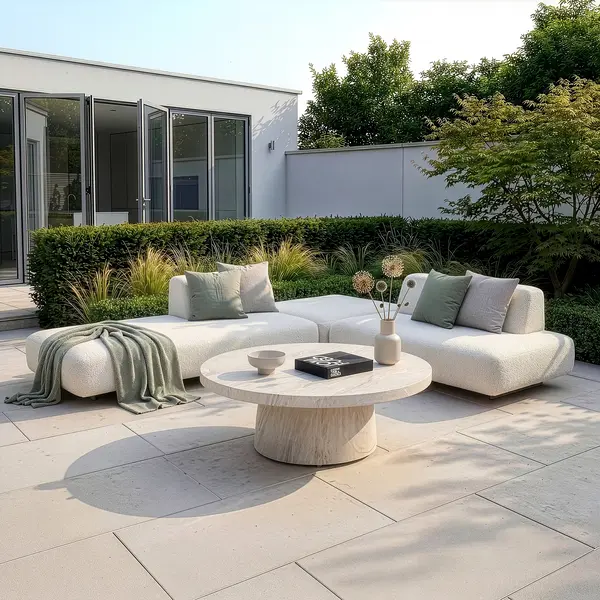 Oak Garden Land - Outdoor Fabric Cannes Small Corner Sofa Set with Round Marble Effect Coffee Table - Pebble