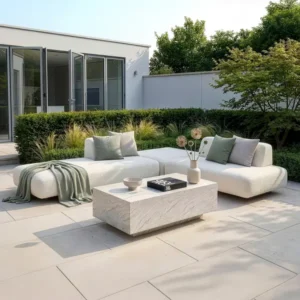 Oak Garden Land - Outdoor Fabric Cannes Small Corner Sofa Set with Rectangular Marble Effect Coffee Table - Pebble