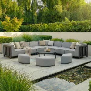 Oak Garden Land - Outdoor Fabric Ibiza Large Corner Sofa Set with Round Coffee Table & 3 Footstools - Zinc Grey