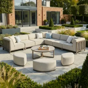 Oak Garden Land - Outdoor Fabric Ibiza Large Corner Sofa Set with Round Coffee Table & 3 Footstools - Latte