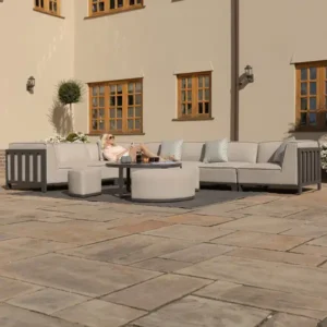 Oak Garden Land - Outdoor Fabric Ibiza Large Corner Sofa Set with Round Coffee Table & 3 Footstools - Oatmeal