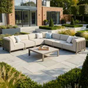 Oak Garden Land - Outdoor Fabric Ibiza Large Corner Sofa Set with Square Coffee Table - Latte