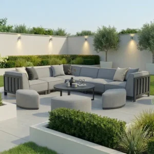 Oak Garden Land - Outdoor Fabric Ibiza Medium Corner Sofa Set with Round Coffee Table & 3 Footstools - Zinc Grey