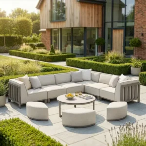 Oak Garden Land - Outdoor Fabric Ibiza Medium Corner Sofa Set with Round Coffee Table & 3 Footstools - Latte