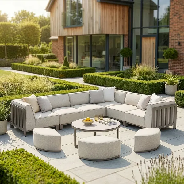 Oak Garden Land - Outdoor Fabric Ibiza Medium Corner Sofa Set with Round Coffee Table & 3 Footstools - Latte