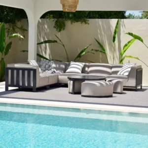 Oak Garden Land - Outdoor Fabric Ibiza Medium Corner Sofa Set with Round Coffee Table & 3 Footstools - Oatmeal